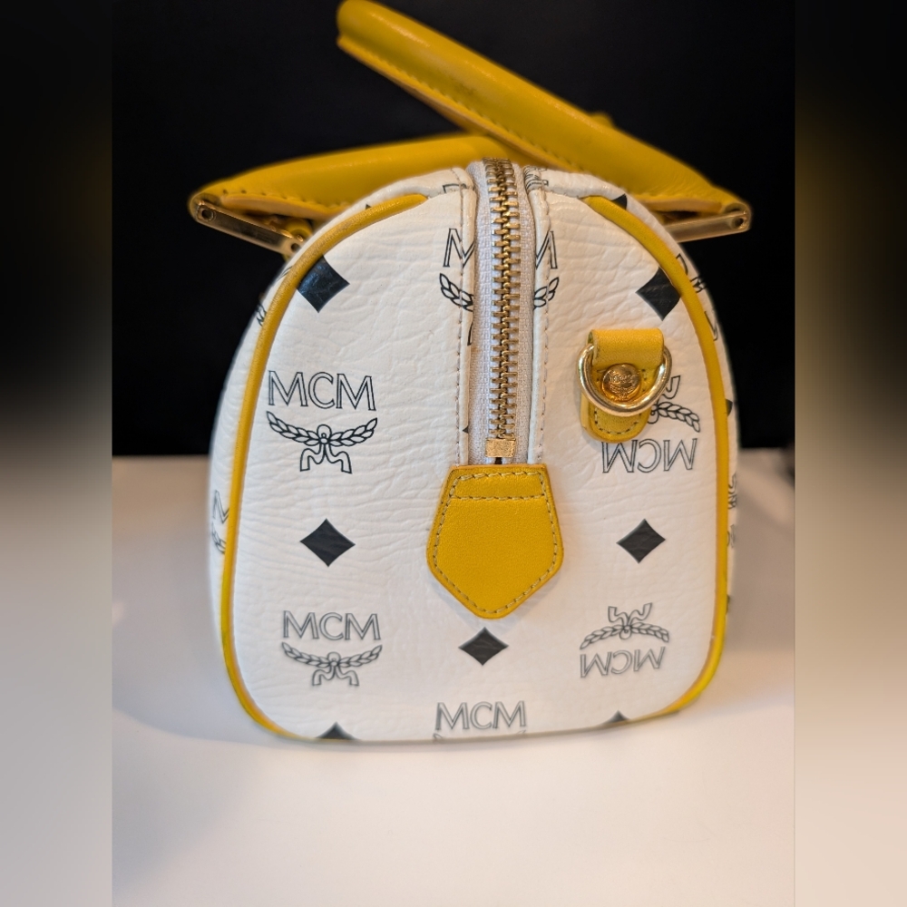 MCM White Visetos Satchel with Yellow Trim - Picture 4 of 10
